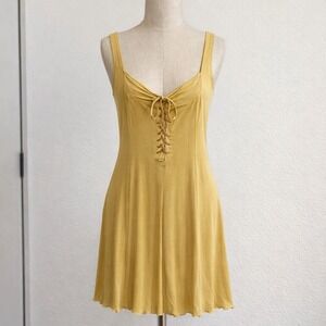 Vintage Victoria's Secret Slip Dress SZ S Yellow Lace Up Mini Gold Label Fairy